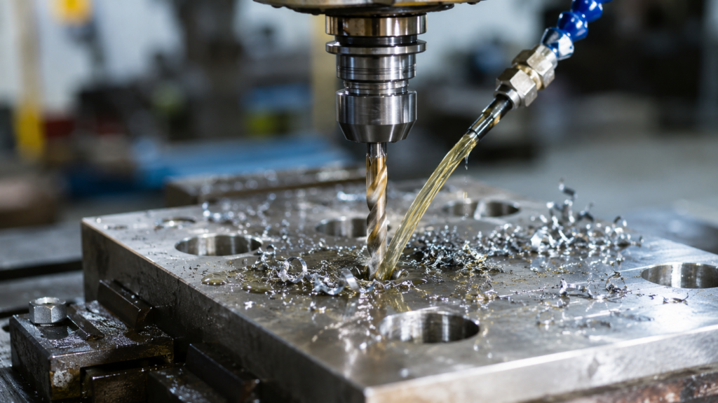 Cobalt drill bits drilling stainless steel with cutting oil and clean spiral chips