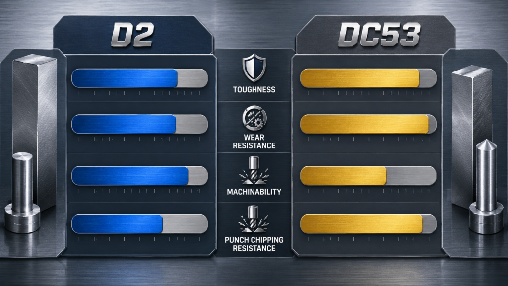 DC53 vs D2 cold work die steel performance comparison showing toughness, wear resistance, machinability, and punch chipping resistance