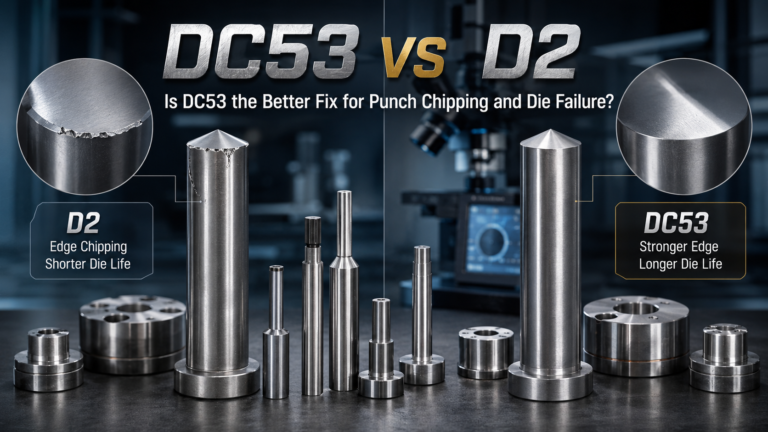 DC53 vs D2 comparison showing D2 punch chipping and DC53 stronger edge performance for cold work die steel