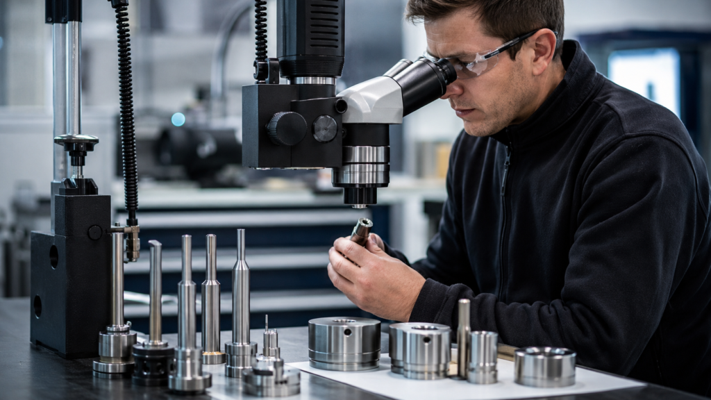Engineer inspecting a damaged cold work punch to analyze DC53 vs D2 tool steel failure and punch chipping problems