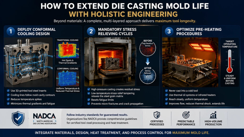 Infographic showing strategies to extend die casting mold life using holistic engineering, including conformal cooling, stress-relieving cycles, and optimized pre-heating procedures.