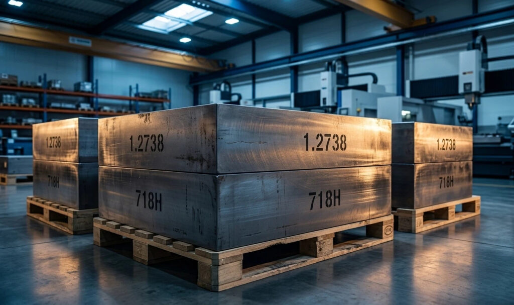 A professional industrial warehouse showing massive pre-hardened steel blocks of 718H and 1.2738, representing a guide for selecting large section tool steel for molds.