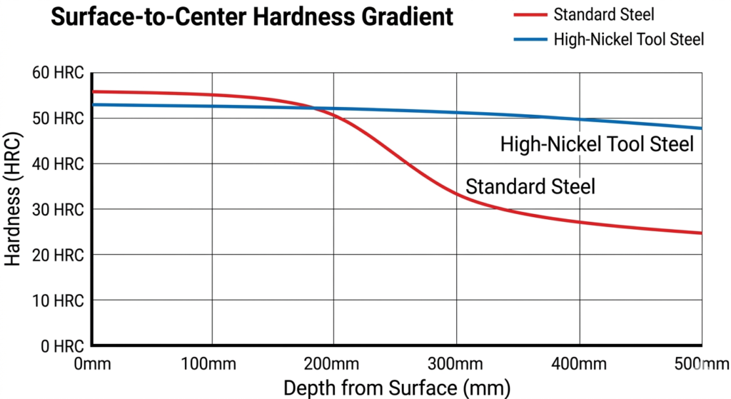 A technical chart comparing the surface-to-center hardness gradient of 1.2738 vs standard steel, showing how large section tool steel maintains hardness uniformity for large molds.