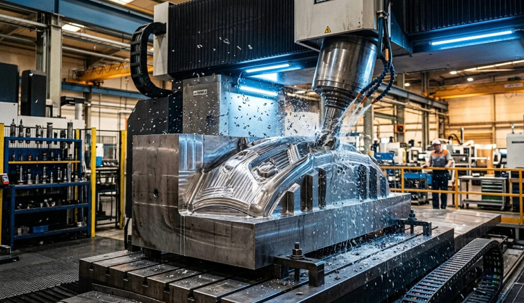 A 5-axis CNC machine milling a deep cavity automotive bumper mold using 1.2738 large section tool steel, demonstrating high-speed machining with cooling fluid.