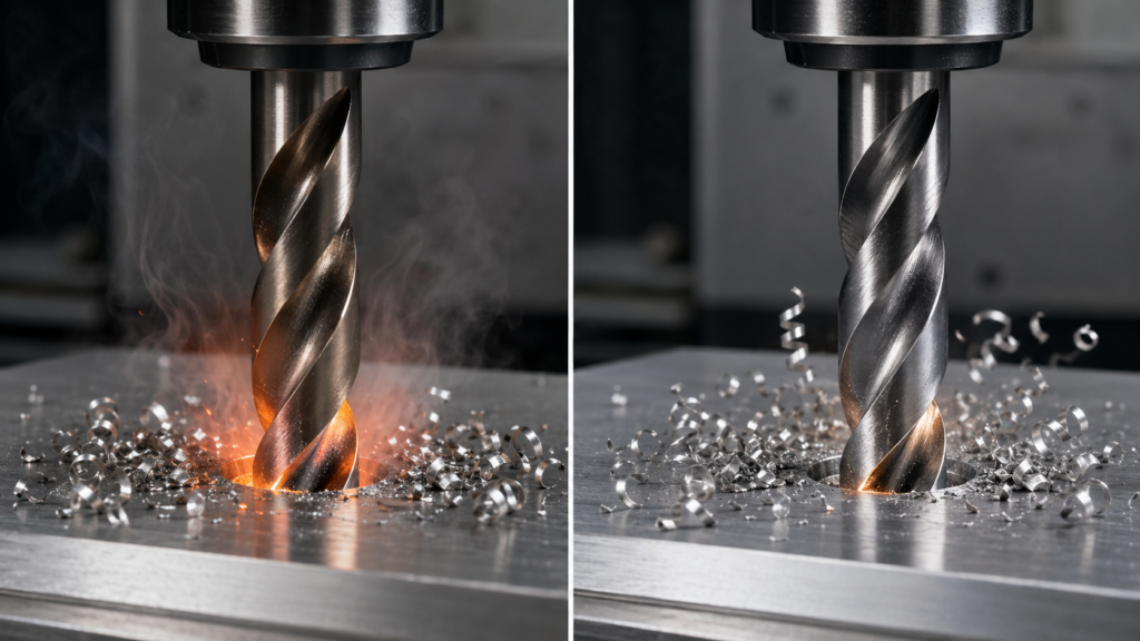 M35 vs M42 cobalt drill bits comparison showing heat and chip formation during stainless steel drilling
