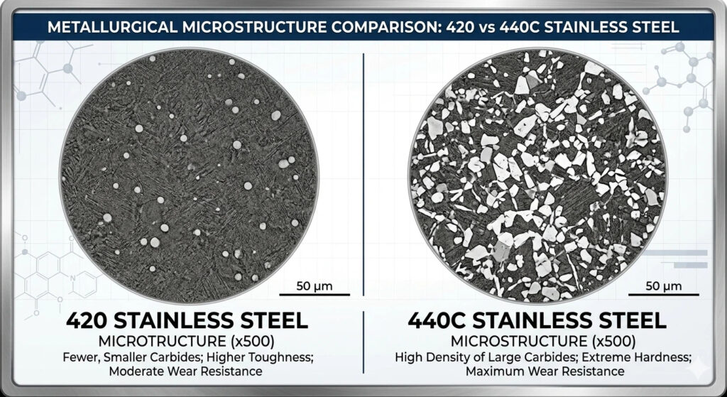 Microstructure comparison of 420 vs 440C stainless steel at 500x magnification, highlighting the high density of primary chromium carbides in 440C compared to 420.
