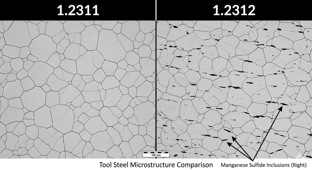 Microscopic view comparing 1.2311 steel with uniform grain and 1.2312 steel showing manganese sulfide inclusions for improved machinability.