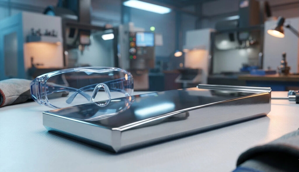 A mirror-polished mold insert made of NAK80 mold steel reflecting safety goggles with perfect clarity in a precision CNC machine shop environment.