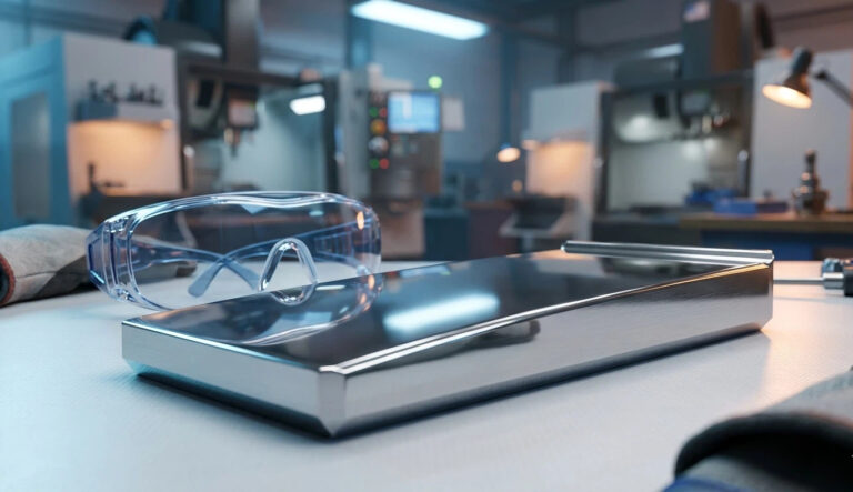 A mirror-polished mold insert made of NAK80 mold steel reflecting safety goggles with perfect clarity in a precision CNC machine shop environment.