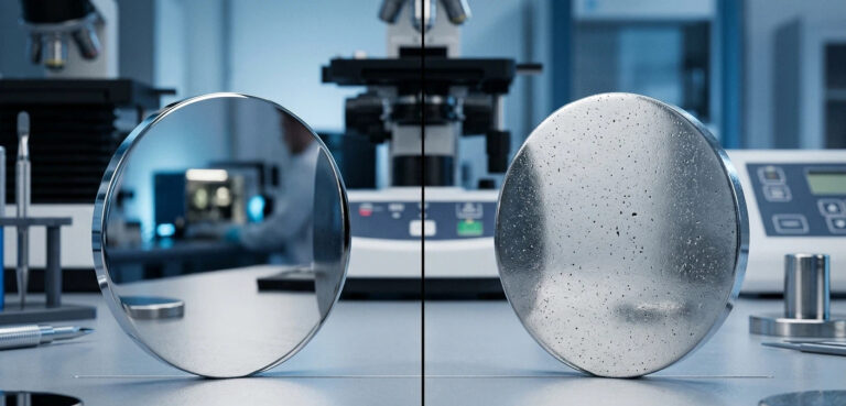 Visual comparison of S136 vs 420 Stainless Steel surfaces after SPI A-1 polishing. Left side shows S136 ESR grade with no pitting; right side shows conventional 420 with microscopic inclusions.