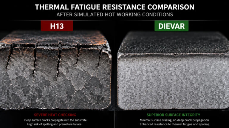 High-contrast macro photo comparing H13 and Dievar hot work tool steel cross-sections after thermal fatigue testing, showing deep micro-cracks in H13 and minimal surface crazing in Dievar.