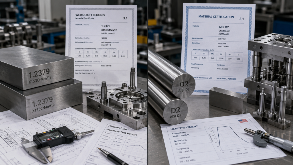 1.2379 vs D2 steel comparison with material certificates for European mold projects