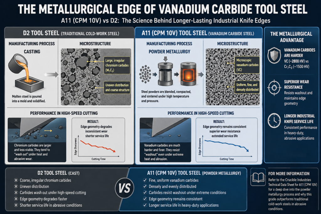 A technical comparison infographic showing A11 (CPM 10V) vanadium carbide tool steel versus D2 tool steel, highlighting powder metallurgy structure, carbide distribution, and wear resistance in industrial cutting applications.
