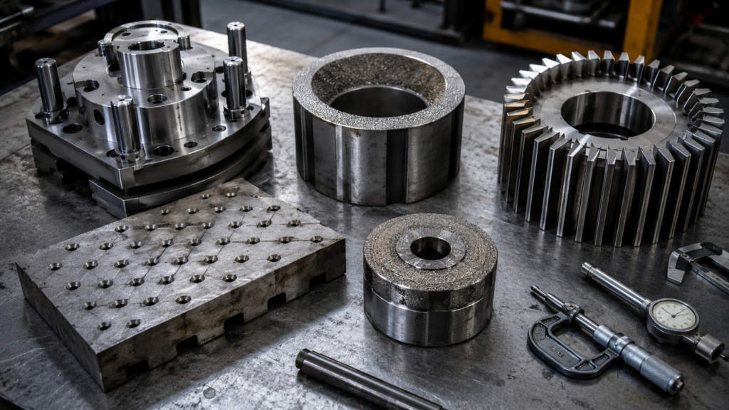 D2 vs D3 tool steel applications showing blanking die, grinding wheel mold, slitting cutter, wear plate, and abrasive forming tools on a workshop bench