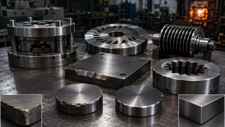 Industrial workshop scene showing D2 and D3 tool steel with blanking die, grinding wheel mold, slitting cutter, wear plate, and abrasive forming die, illustrating extreme wear applications.