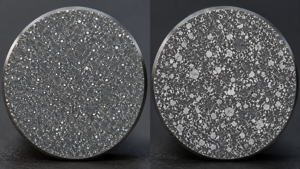Technical metallurgical comparison of D2 and D3 tool steel microstructures, showing D2 with balanced carbide distribution and D3 with higher carbide volume for abrasive wear resistance.