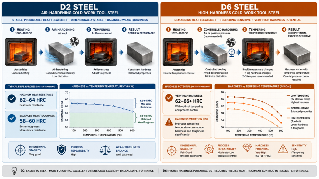 D6 vs D2 steel heat treatment comparison showing D2 air hardening stability and D6 high hardness potential with tempering temperature curves