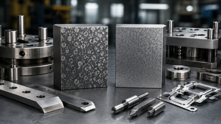 D6 vs D2 steel comparison cover showing cold work tool steel blocks, carbide structure, dies, punches, shear blades, and precision tooling applications