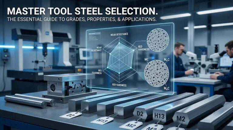 Tool steel selection guide infographic displaying D2, H13, and M2 grades with a metallurgical properties radar chart.