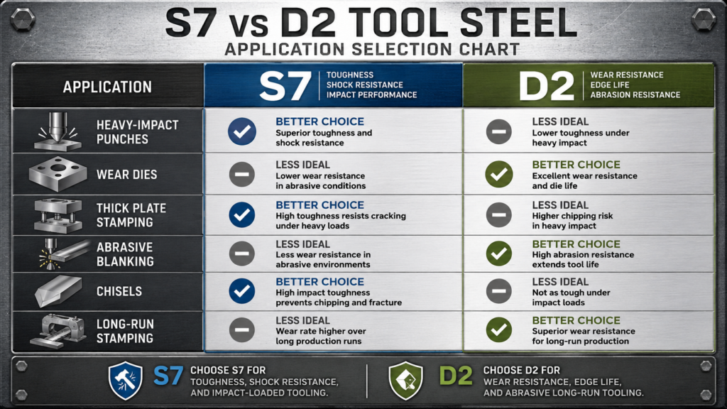 S7 vs D2 application selection chart showing heavy-impact punches, wear dies, thick plate stamping, abrasive blanking, chisels, and long-run stamping