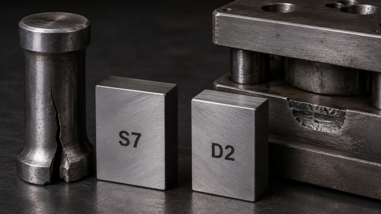 S7 vs D2 tool steel comparison showing a cracked heavy-impact punch and a worn stamping die for toughness versus wear resistance
