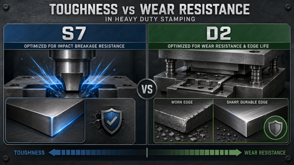 S7 vs D2 infographic comparing toughness versus wear resistance in heavy duty stamping with impact breakage and worn edge visuals