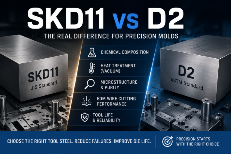 SKD11 vs D2 tool steel comparison for precision molds, vacuum heat treatment, EDM wire cutting, impurity control, and edge stability