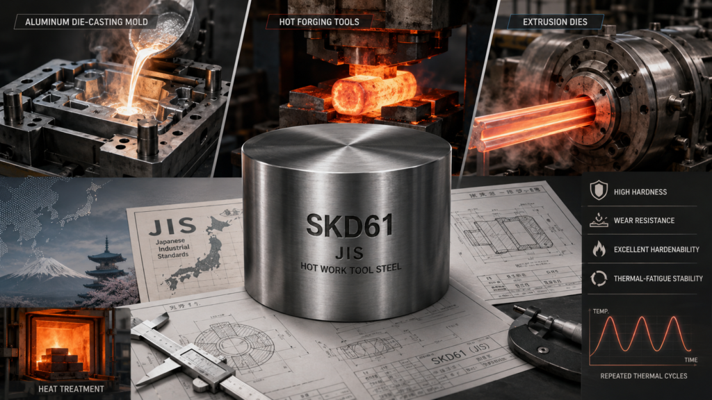 SKD61 JIS hot work tool steel used for die casting molds, hot forging tools, extrusion dies, and heat-treated mold applications
