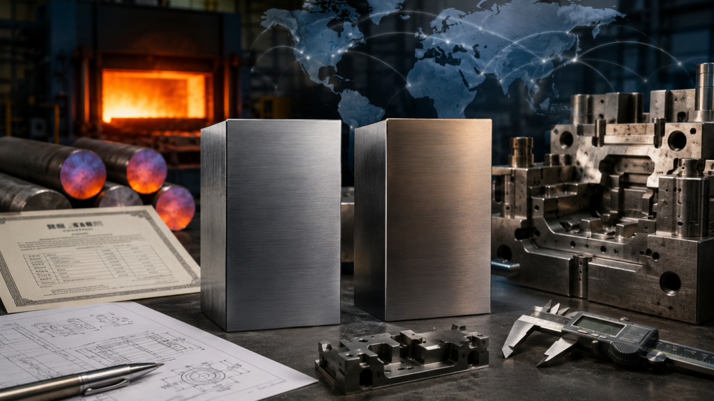 SKD61 vs H13 tool steel comparison with engineering drawing, material certificate, heat treatment furnace, and mold components