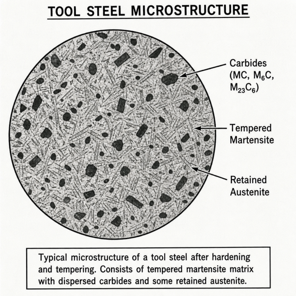 Microstructure diagram of tool steel showing dispersed carbides, tempered martensite matrix, and retained austenite.