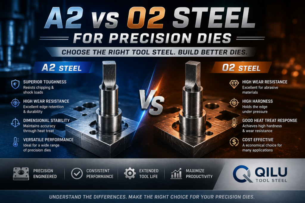 Infographic comparison of A2 versus O2 tool steel properties for manufacturing precision dies, highlighting toughness, wear resistance, and dimensional stability.