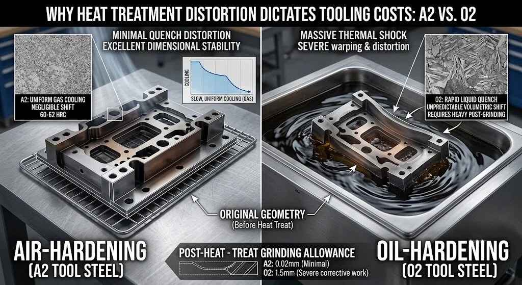Infographic comparing dimensional stability of AISI A2 air-hardening steel versus AISI O2 oil-hardening steel during heat treatment and quenching.