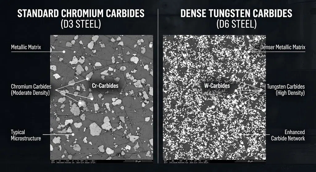 Comparison of chromium vs tungsten carbides in D6 vs D3 tool steel microstructure for industrial dies.