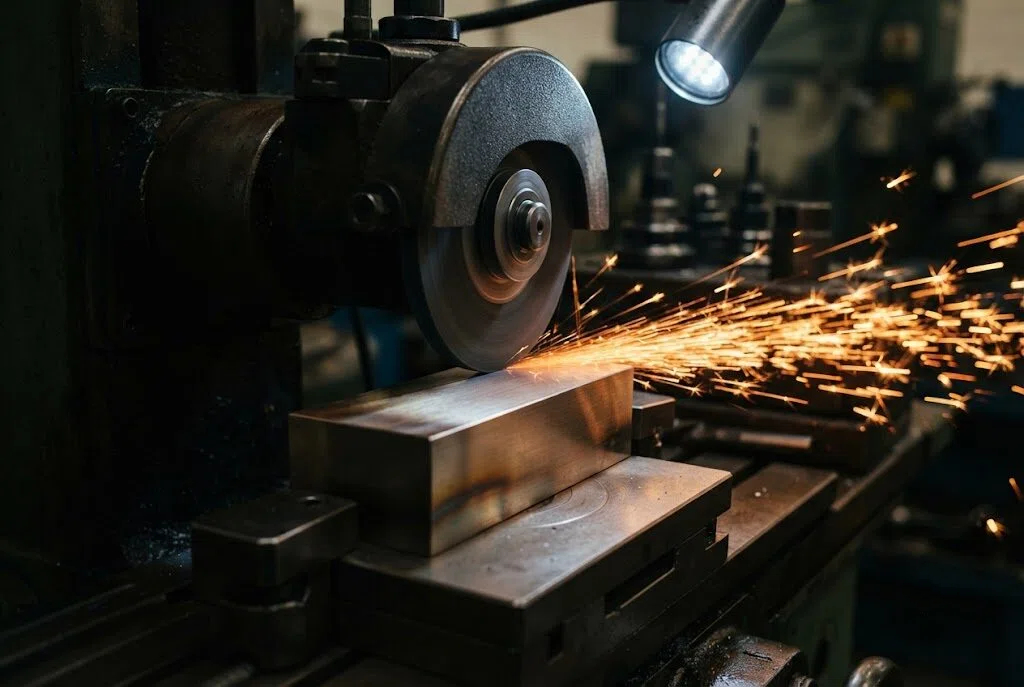 Surface grinding process of high-carbon D6 tool steel block showing spark patterns for industrial die manufacturing.