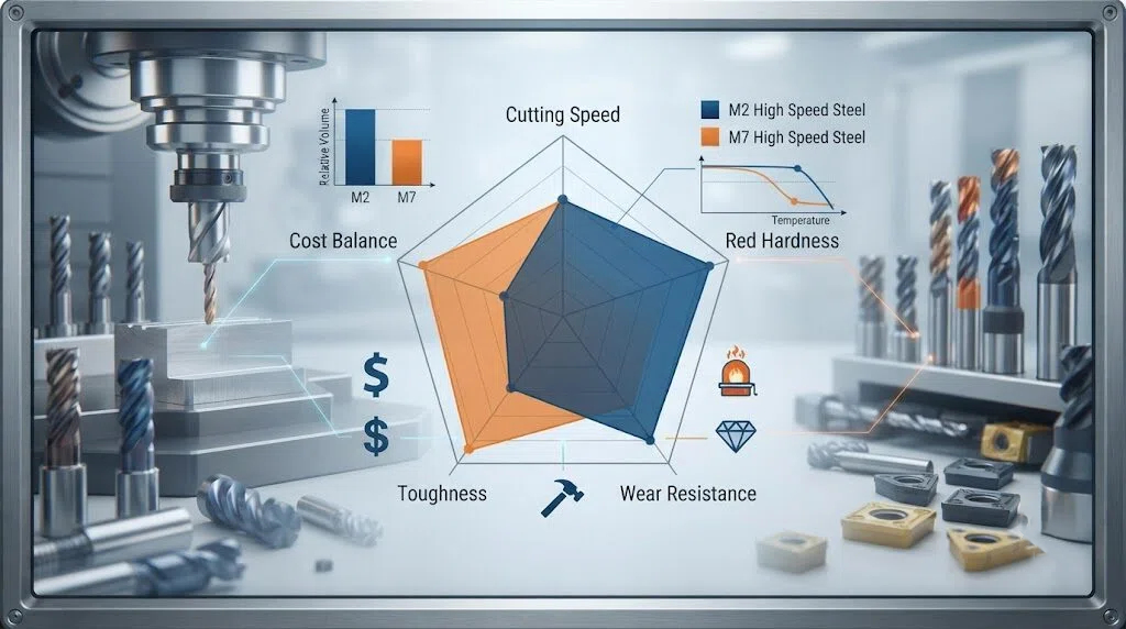 Comparison chart of M2 and M7 high-speed steel (HSS) properties: A visual analysis is conducted from five key aspects: cutting speed, red hardness, wear resistance, toughness, and cost balance.