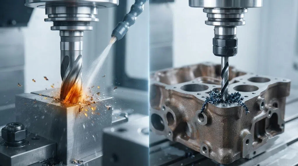 Comparison of performance between M2 and M7 high-speed steel (HSS) cutting tools: The M2 milling cutter on the left demonstrates the wear resistance under high cutting speeds, while the M7 drill bit on the right showcases its high toughness and impact resistance.