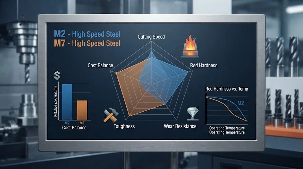 Comparison chart of M2 and M7 high-speed steel properties: It presents a comparative analysis of the cutting speed, red hardness, wear resistance, toughness, and cost balance of the two.